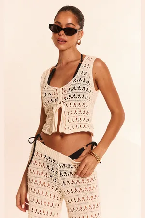 PRETTYLITTLETHING Cream Crochet Tie Front Beach Top