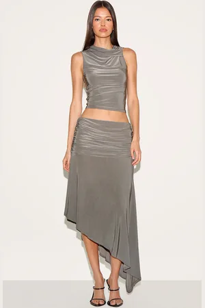 PRETTYLITTLETHING Double Layer Slinky Asymmetrical Ruched Midaxi Skirt