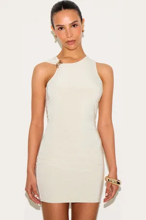 PRETTYLITTLETHING Petite Gold Strap Detail Slinky Mini Dress