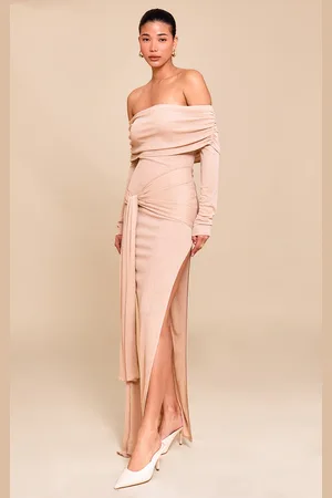 PRETTYLITTLETHING Taupe Onion Skin Bardot Tie Waist Maxi Dress