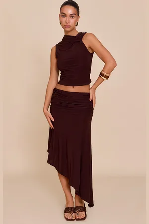 PRETTYLITTLETHING Double Layer Slinky Asymmetrical Ruched Midaxi Skirt