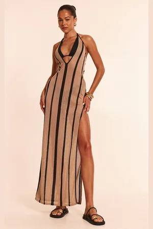 PRETTYLITTLETHING Stone Stripe Crochet Halter Tie Maxi Beach Dress