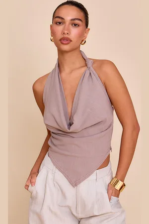 PRETTYLITTLETHING Mocha Lightweight Woven Cowl Knot Detail Long Top