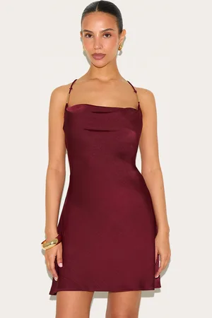 PRETTYLITTLETHING Petite Burgundy Cowl Satin Shift Mini Dress With Trim Details