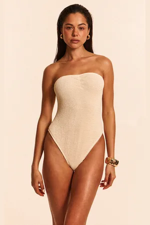 PRETTYLITTLETHING Cream Crinkle Bandeau Ruched Front Swimsuit