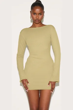 PRETTYLITTLETHING Olive Onion Skin Boat Neck Flute Sleeve Mini Dress