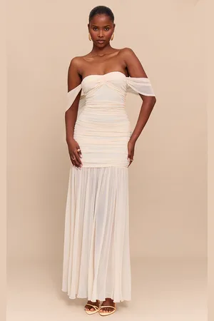 PRETTYLITTLETHING Cream Mesh Bardot Ruched Detail Maxi Dress
