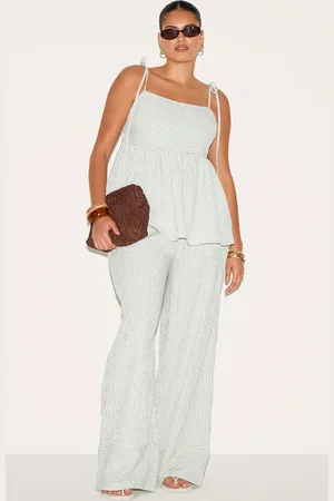 PRETTYLITTLETHING Plus Woven Textured Striped Straight Leg Trousers