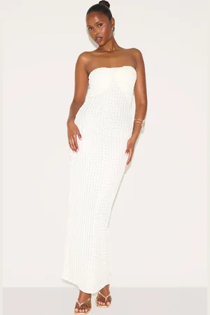 PRETTYLITTLETHING Cream Textured Bandeau Maxi Dress