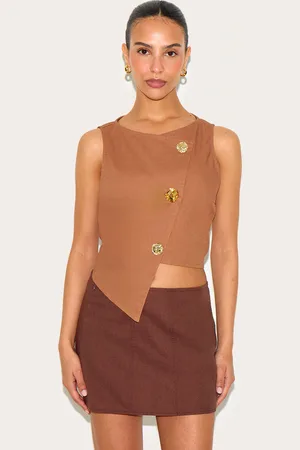 PRETTYLITTLETHING Petite Tan Linen Look Sleeveless Waistcoat With Trim Details