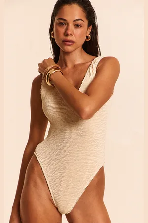 PRETTYLITTLETHING Cream Crinkle Plunge Swimsuit