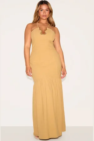 PRETTYLITTLETHING Shape Khaki Linen Look Gold Wave Trim Dropped Hem Maxi Dress