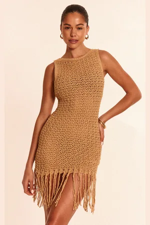 PRETTYLITTLETHING Beige Crochet Boat Neck Tassel Mini Dress