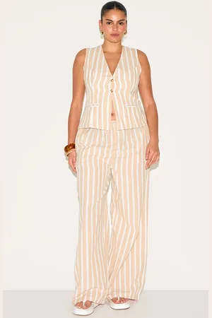 PRETTYLITTLETHING Plus Beige Striped Drawstring Wide Trousers