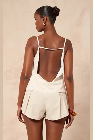 PRETTYLITTLETHING Cream Linen Look Open Back Cami Top