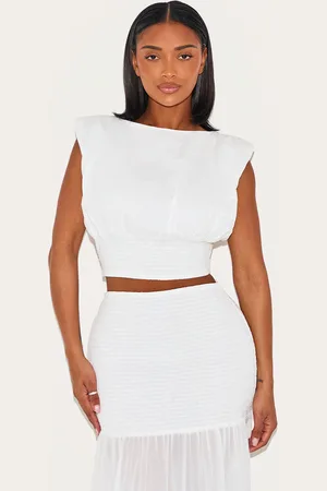 PRETTYLITTLETHING Shape Boat Neck Shirred Cinched Waist Top