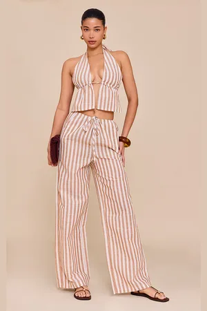 PRETTYLITTLETHING Stone Striped Cotton Low Rise Drawstring Wide Leg Trousers