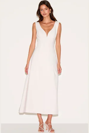 PRETTYLITTLETHING Cream Tailored Woven Plunge Button Down Midi Dress