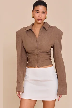 PRETTYLITTLETHING Pinstripe Ruched Shoulder Pad Detail Shirt