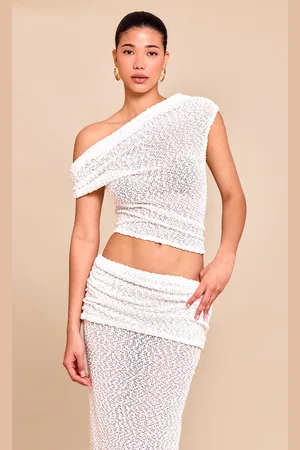 PRETTYLITTLETHING Cream Bobble Knit Asymmetric Ruched Long Top