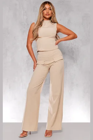 PRETTYLITTLETHING Stone Woven Tailored Wide Leg Pocket Detail Trouser