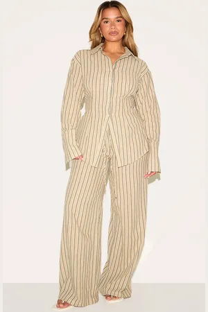 PRETTYLITTLETHING Shape Olive Striped Elasticated Waist Wide Leg Trousers