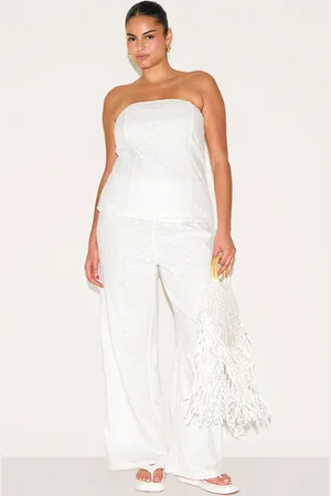 PRETTYLITTLETHING Plus Embroidered Linen Mid Rise Trousers