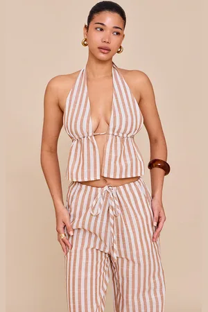 PRETTYLITTLETHING Stone Striped Cotton Halterneck Backless Plunge Top