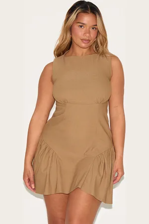 PRETTYLITTLETHING Shape Khaki Stretch Woven Boat Neck Cinched Mini Dress