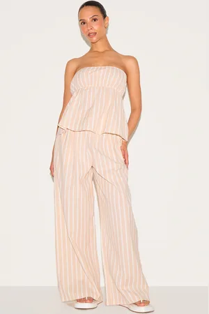 PRETTYLITTLETHING Petite Stone Pinstripe Linen Look Floaty Wide Leg Trousers