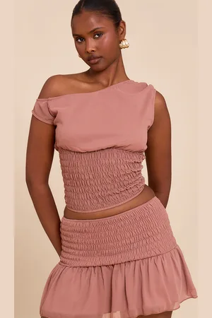 PRETTYLITTLETHING Mauve Gathered Off The Shoulder Crop Top