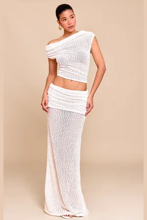PRETTYLITTLETHING Cream Bobble Knit Foldover Maxi Skirt