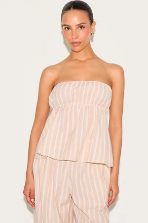 PRETTYLITTLETHING Petite Stone Pinstripe Linen Look Peplum Bandeau Top