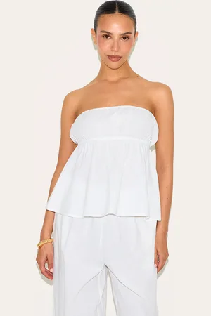 PRETTYLITTLETHING Petite Linen Look Peplum Bandeau Top