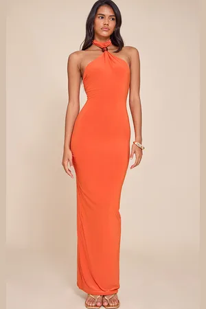 PRETTYLITTLETHING Burnt Slinky Bead Detail Halter Maxi Dress