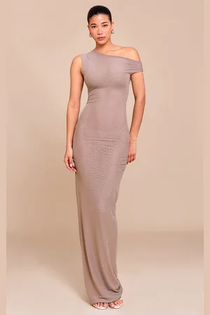 PRETTYLITTLETHING Taupe Double Layer Mesh Asymmetric Neck Maxi Dress