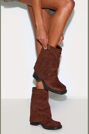 PRETTYLITTLETHING Faux Suede Round Toe Fold Over Buckle Strap Ankle Boots