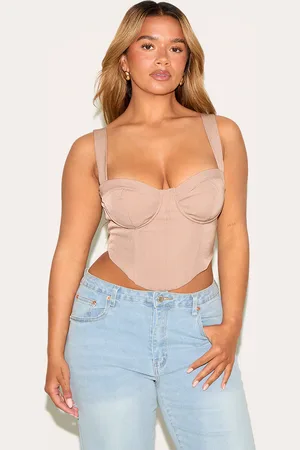 PRETTYLITTLETHING Shape Mocha Woven Corset Crop Top