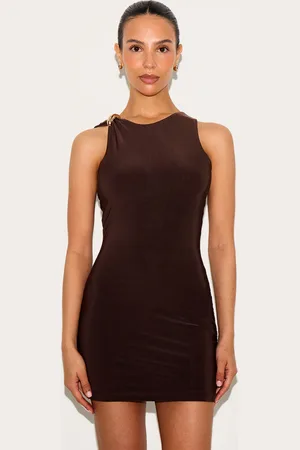 PRETTYLITTLETHING Petite Gold Strap Detail Slinky Mini Dress