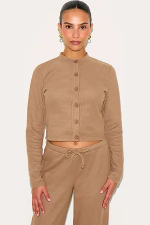 PRETTYLITTLETHING Petite Taupe Super Soft Button Down Long Sleeve Top