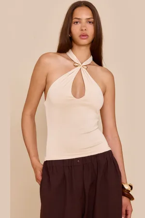 PRETTYLITTLETHING Cream Double Layer Soft Touch Trim Detail Halterneck Long Top