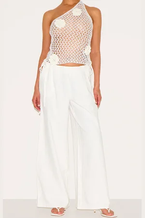 PRETTYLITTLETHING Petite Premium Linen Look Wide Leg Side Tie Detail Trousers