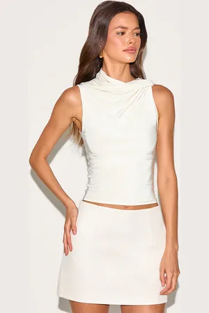 PRETTYLITTLETHING Cream Double Layer Slinky Neck Detail Long Top