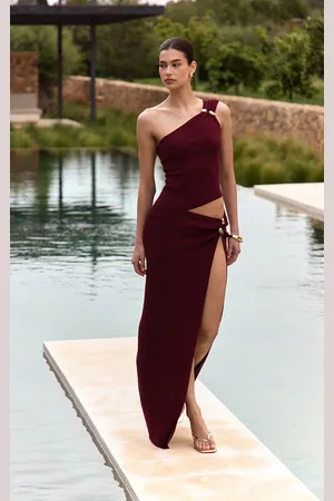 PRETTYLITTLETHING Plum Fine Knit Gold Trim Side Split Maxi Skirt