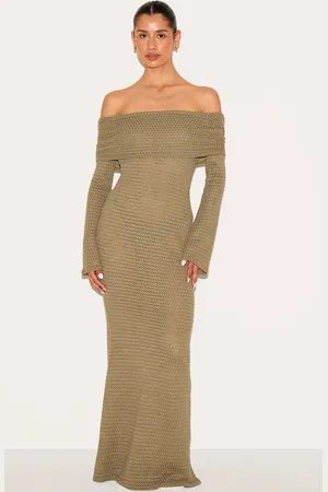 PRETTYLITTLETHING Tall Khaki Textured Extreme Bardot Long Sleeve Maxi Dress