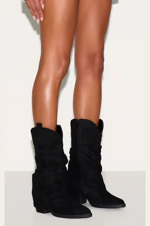 PRETTYLITTLETHING Faux Suede Point Toe Slouchy Fold Over Calf High Western Boots