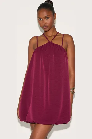 PRETTYLITTLETHING Wine Puff Ball Strappy Mini Dress