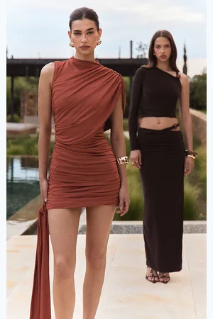 PRETTYLITTLETHING Burnt Slinky Drape Detail Ruched Bodycon Dress