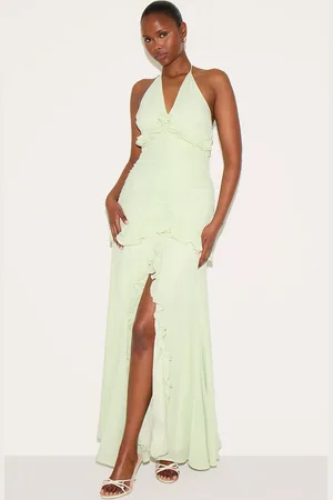 PRETTYLITTLETHING Ruched Frill Halterneck Maxi Dress