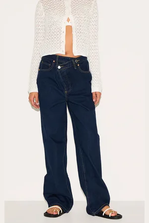 PRETTYLITTLETHING Petite Denim Asymmetric Waistband Straight Leg Jeans